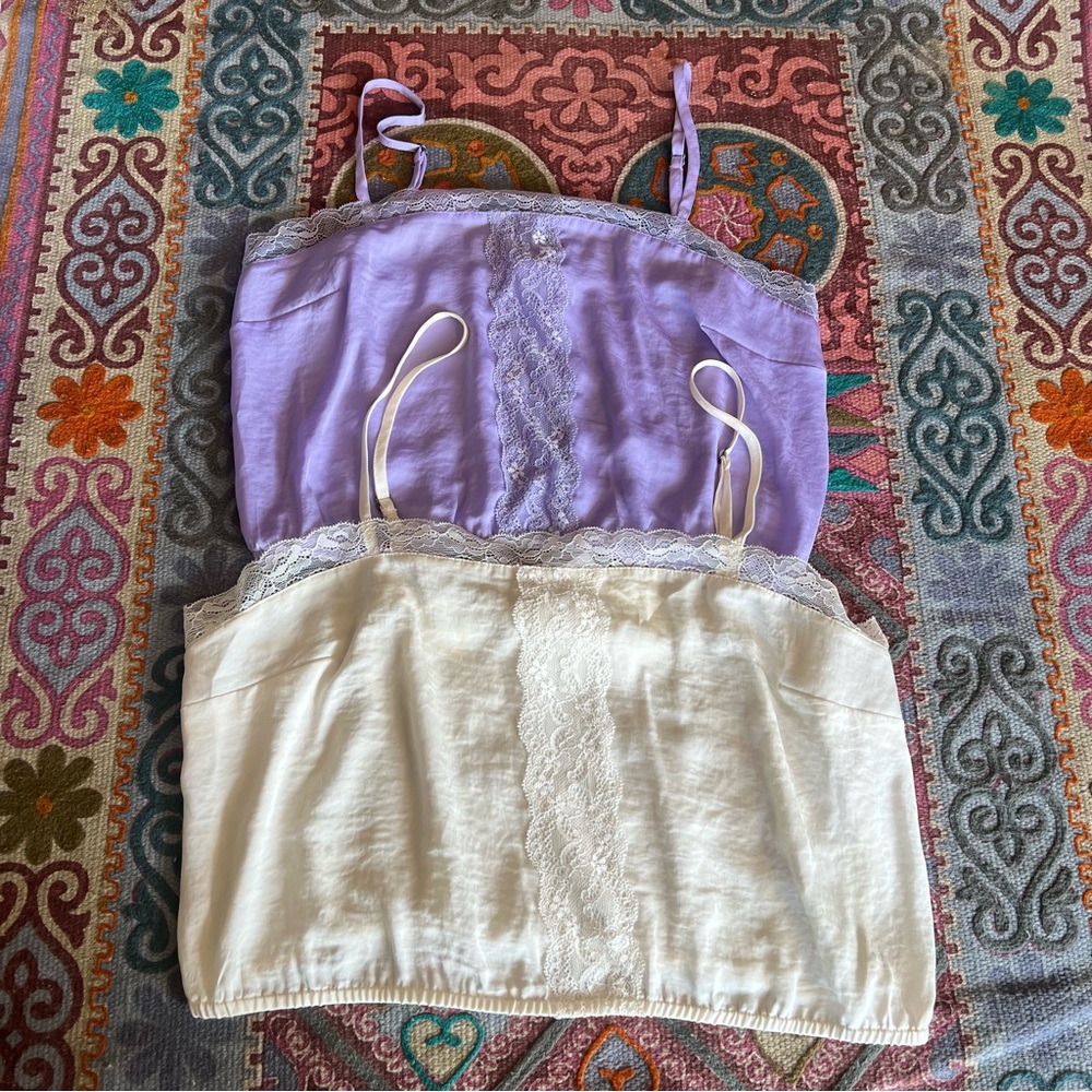 BP Satin Tank Camisole Lilac & White Lace Trim Cropped Tops